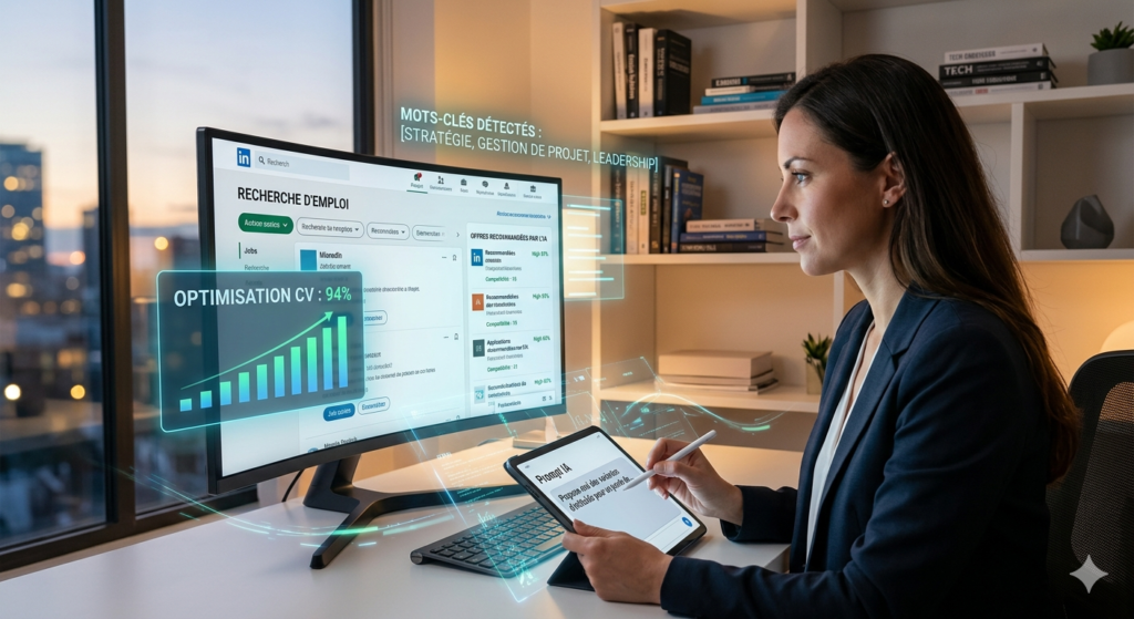 Femme devant un PC regardant des offres d'emploi